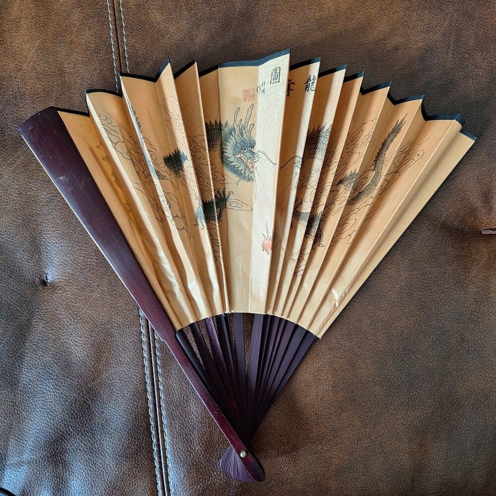 Vintage Chinese Silk Folding Hand Fan 13" Double Sided Dragon Calligraphy Art